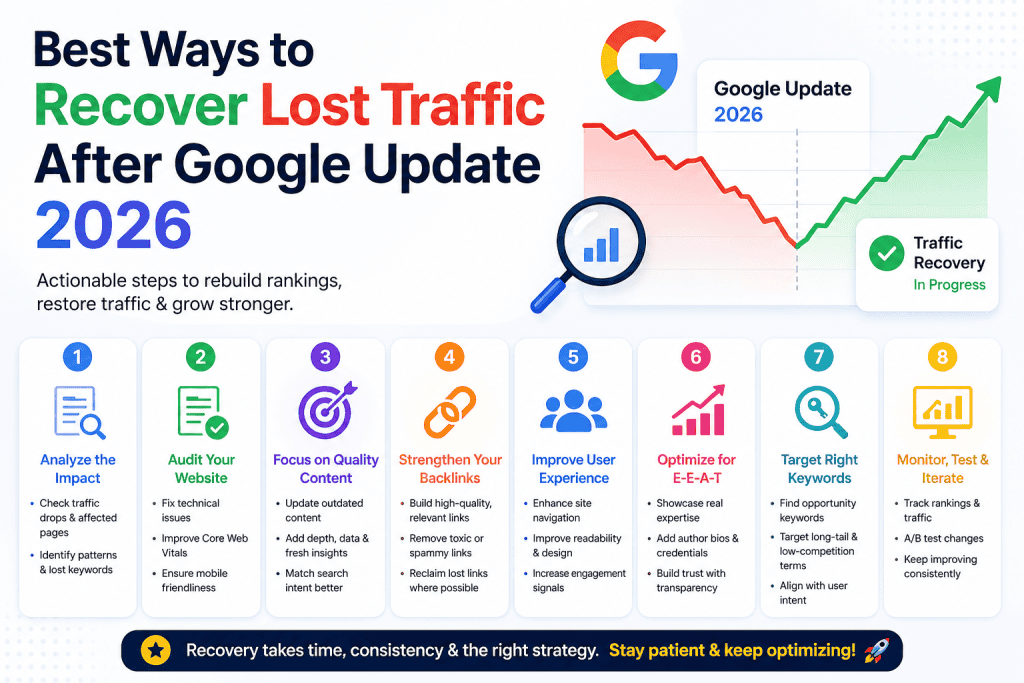 Chart showing traffic recovery strategies after Google update 2026.